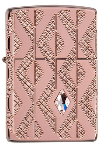 Front view of Geometric Diamond Pattern Design Armor® Rose Gold Windproof Lighter.