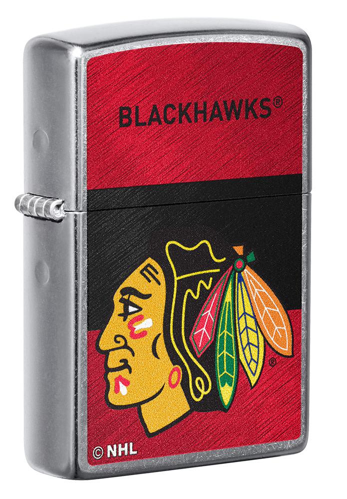 Front shot of NHL® Chicago Blackhawks Street Chrome™ Windproof Lighter standing at a 3/4 angle