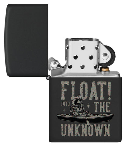 Zippo Float into the Unknown Design Black Matte Windproof Lighter with its lid open and unlit.