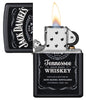 Jack Daniel's® Texture Print Black Matte Windproof Lighter with its lid open and lit