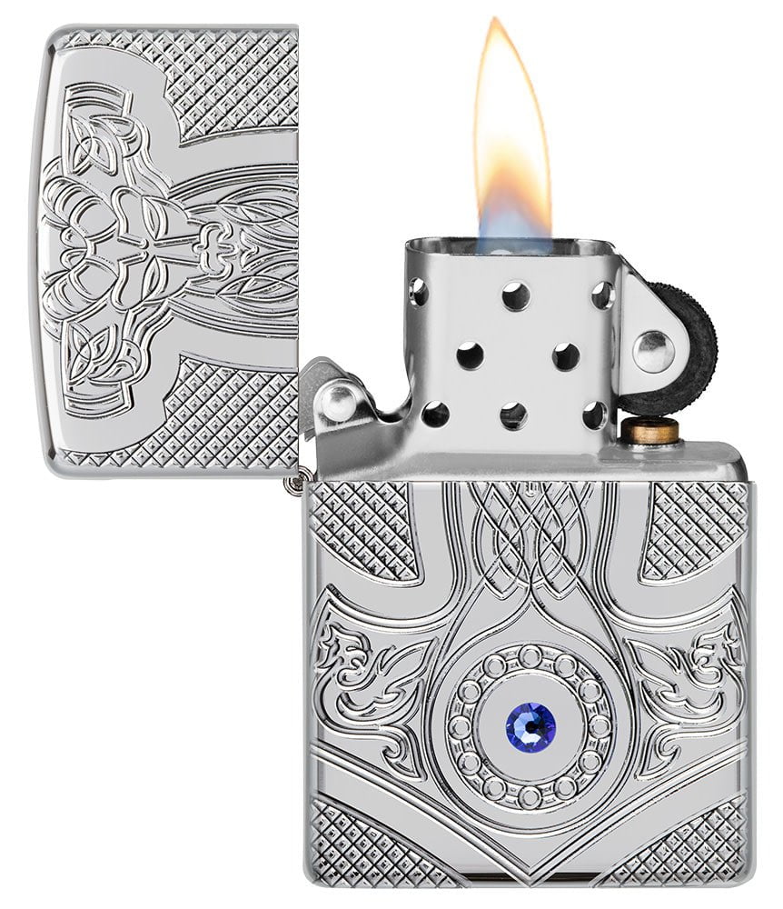 Medieval Design Armor® High Polish Chrome Windproof Lighter with its lid open and lit