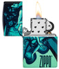 Zippo Mermaid Design 540 Color Windproof Lighter with its lid open and lit.