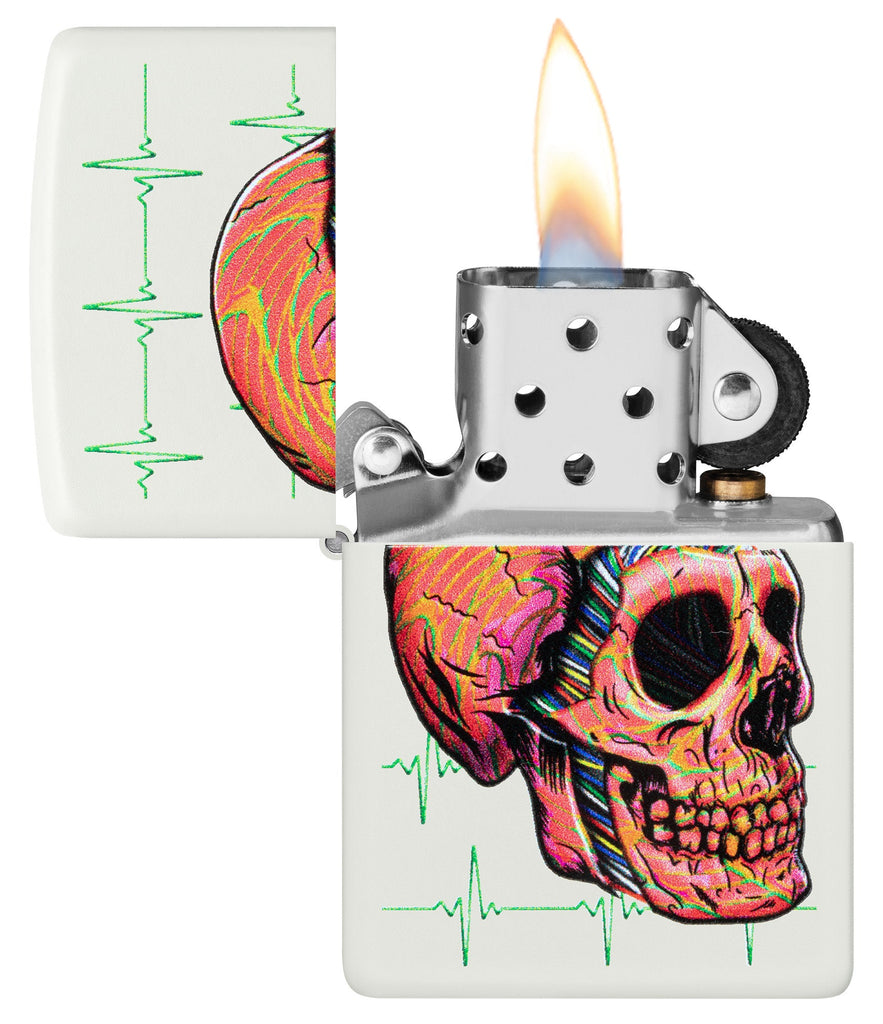 Zippo Cyber Skull Design White Matte Windproof Lighter with its lid open and lit.