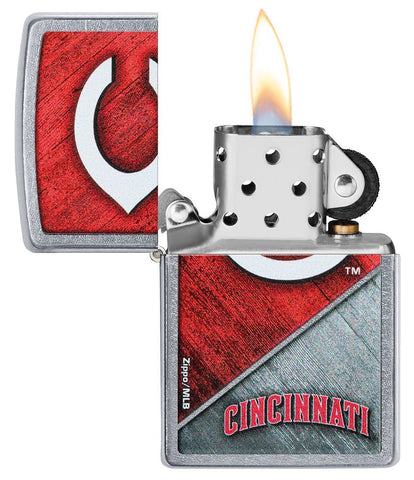 MLB™ Cincinnati Reds™ Street Chrome™ Windproof Lighter with its lid open and lit.