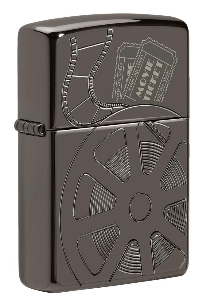 Front view of Celebrating Movies ArmorÂ® Black IceÂ® Windproof Lighter standing at a 3/4 angle.