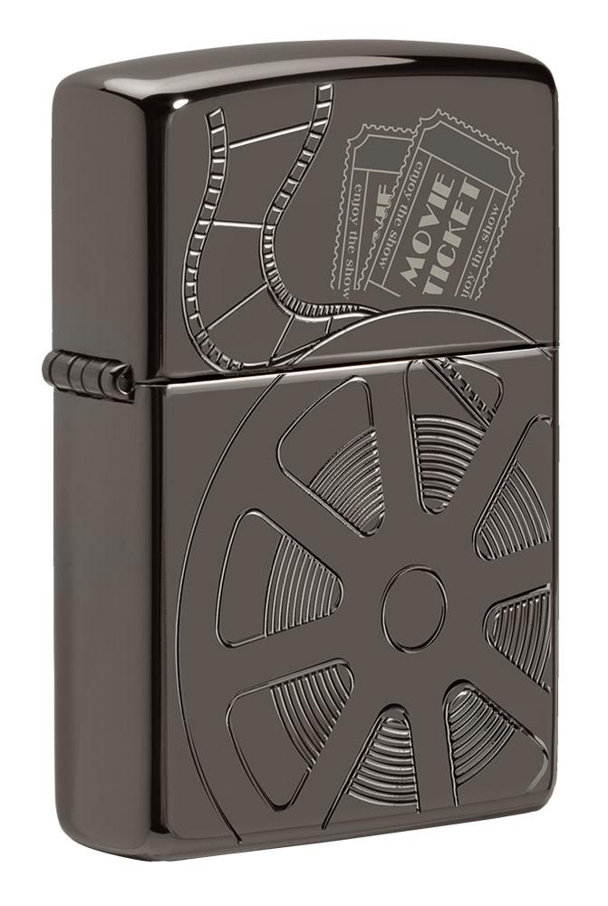 Front view of Celebrating Movies Armor® Black Ice® Windproof Lighter standing at a 3/4 angle.
