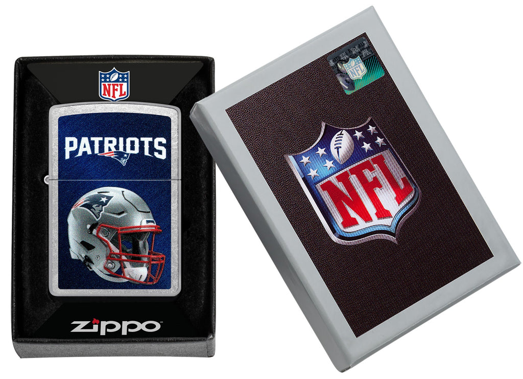 NFL New England Patriots Helmet Street Chrome Windproof Lighter in its packaging.