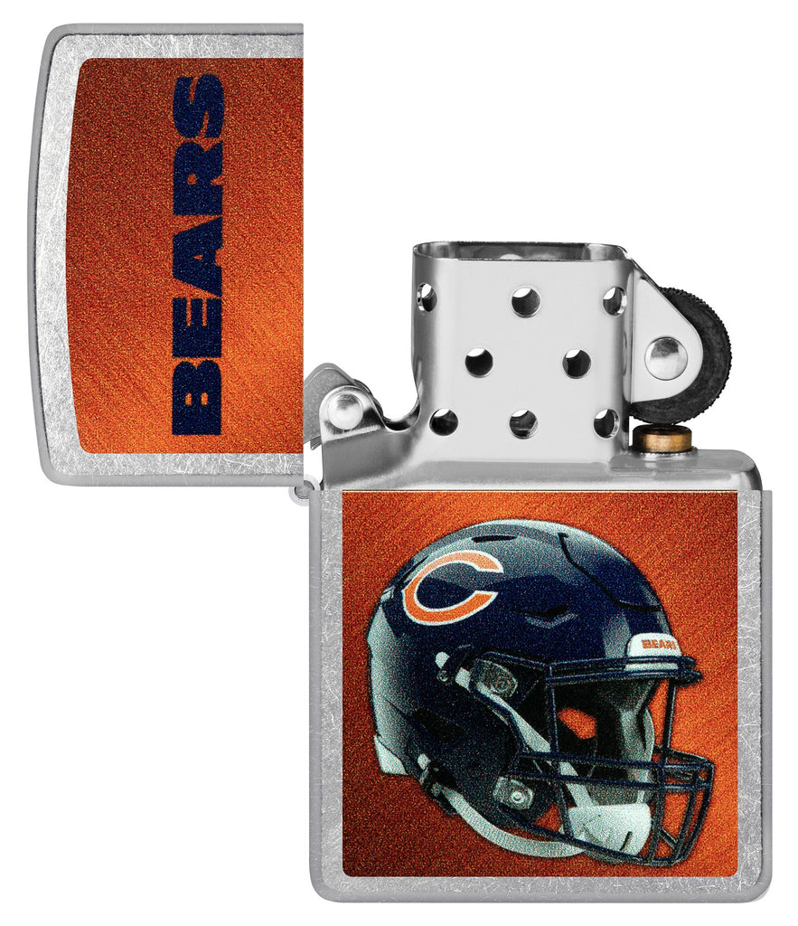 NFL Chicago Bears Helmet Street Chrome Windproof Lighter with its lid open and unlit.