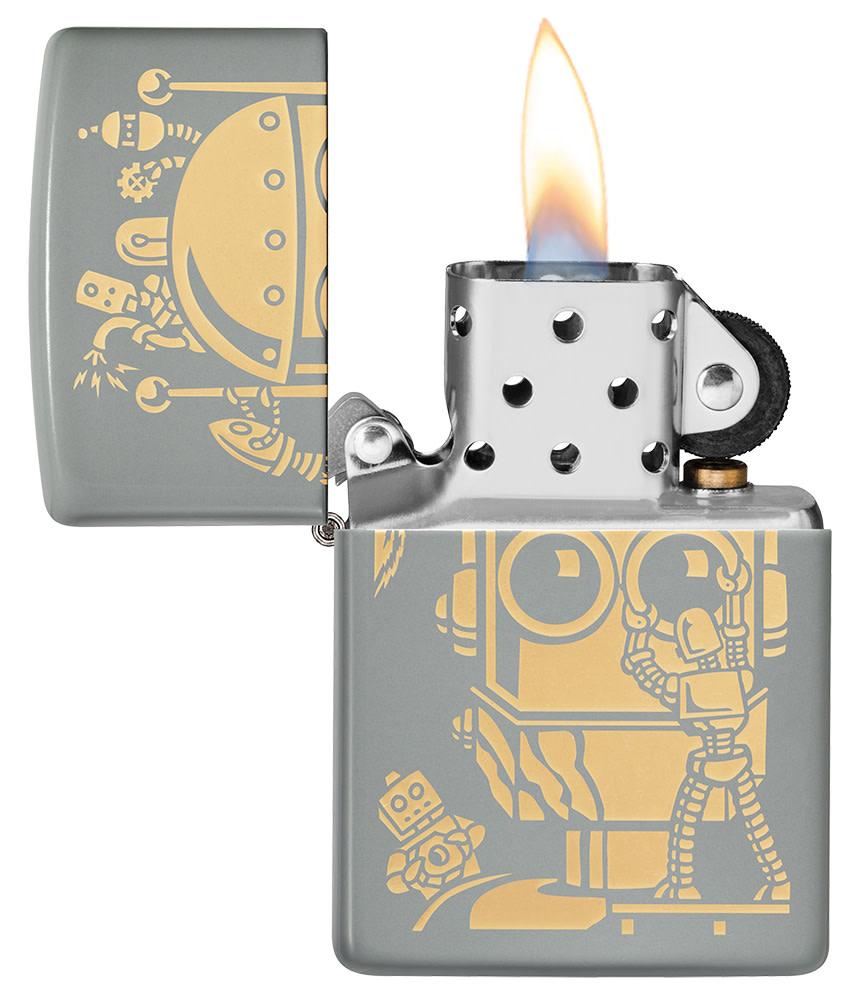 Robot Design Flat Gret Windproof Lighter with its lid open and lit