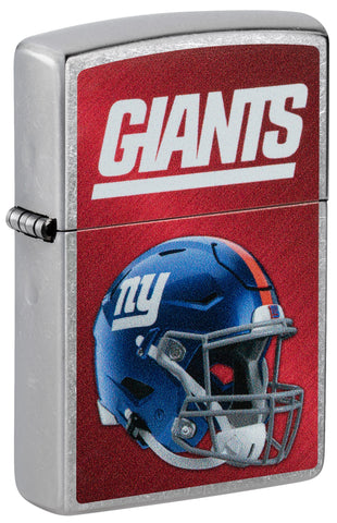 Front shot of NFL New York Giants Helmet Street Chrome Windproof Lighter standing at a 3/4 angle.