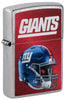 Front shot of NFL New York Giants Helmet Street Chrome Windproof Lighter standing at a 3/4 angle.