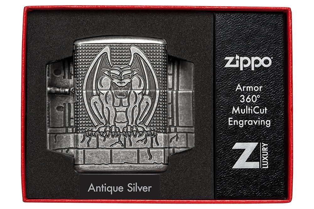 ArmorÂ® Antique Silver Gargoyle Windproof Lighter in its luxury packaging