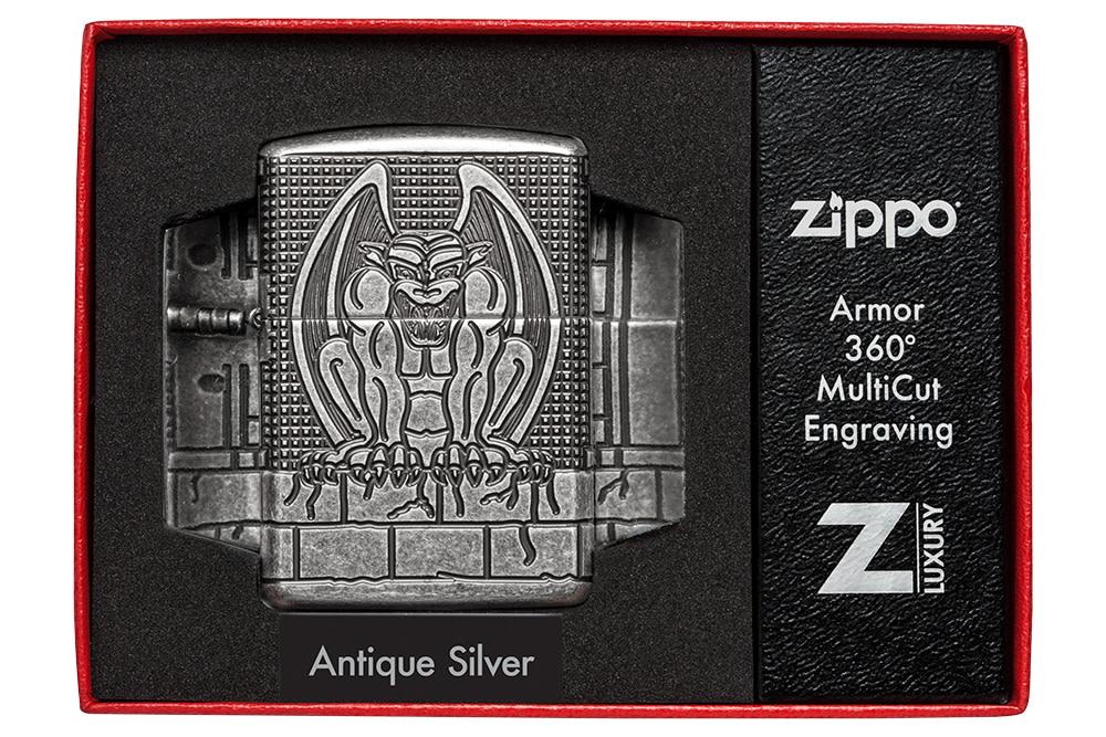 Armor® Antique Silver Gargoyle Windproof Lighter in its luxury packaging