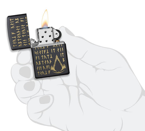 Assassin's Creed® Valhalla - Runes Pocket Lighter open, lit and in hand showing the front of the lighter