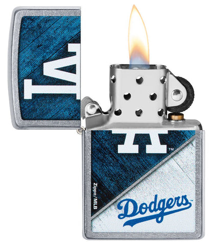 MLB™ Los Angeles Dodgers™ Street Chrome™ Windproof Lighter with its lid open and lit.