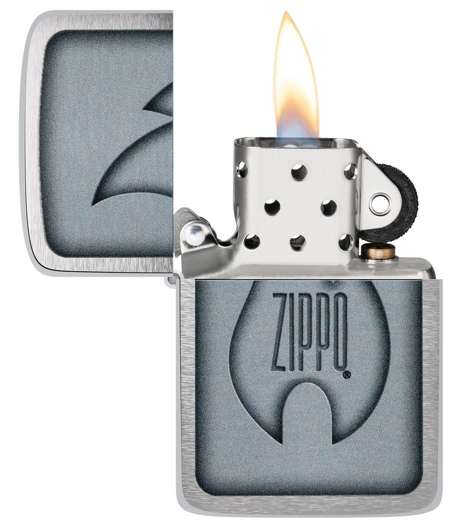 Zippo Logo Flame Design 1941 Replica Brushed Chrome Windproof Lighter with its lid open and lit.