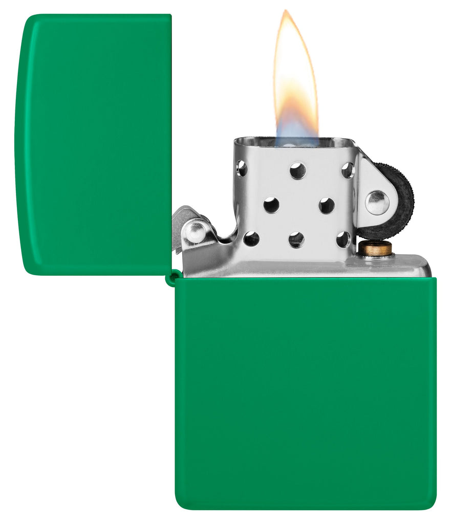 Zippo Grass Green Matte Classic Windproof Lighter with its lid open and lit.