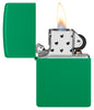 Zippo Grass Green Matte Classic Windproof Lighter with its lid open and lit.