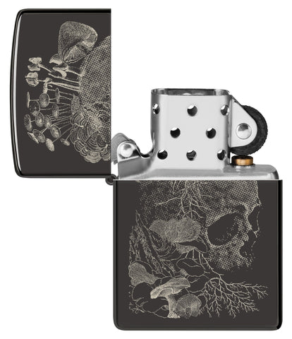 Zippo Skull Mushroom Design High Polish Black Windproof Lighter with its lid open and unlit.