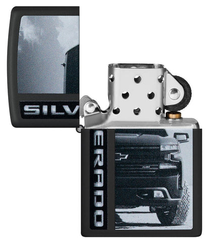 Chevy Silverado Truck Black Matte Windproof Lighter with its lid open and unlit.