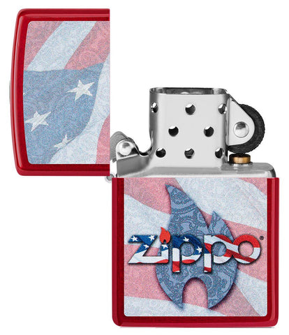 Zippo Flag Design Candy Apple Red Windproof Lighter with its lid open and unlit.