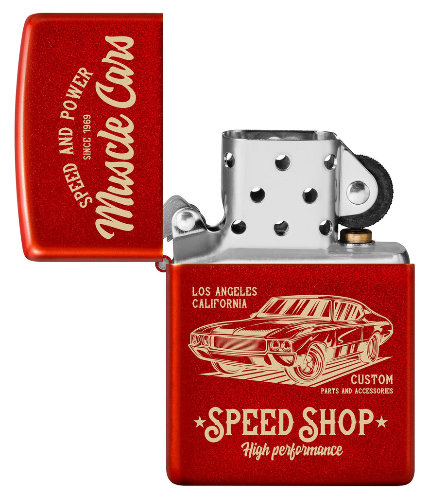 Zippo Muscle Car Design Metallic Red Windproof Lighter with its lid open and unlit.