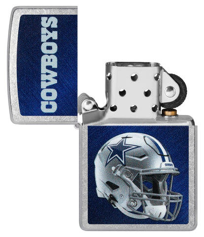 NFL Dallas Cowboys Helmet Street Chrome Windproof Lighter with its lid open and unlit.