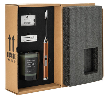 Rose Gold Rechargeable Candle Lighter & 8 oz Lavender Vanilla Candle Gift Set open, showing the products inside.