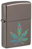 Front shot of Zippo Funky Cannabis Design Black Ice Windproof Lighter standing at a 3/4 angle.