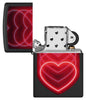 Zippo Black Light Hearts Design Black Matte Pocklet Lighter with its lid open and unlit.