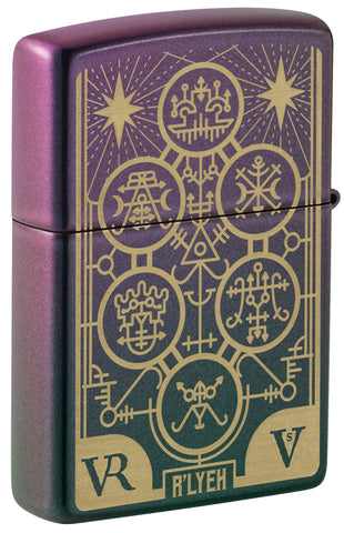Back shot of Zippo Evil Design Iridescent Windproof Lighter standing at a 3/4 angle.