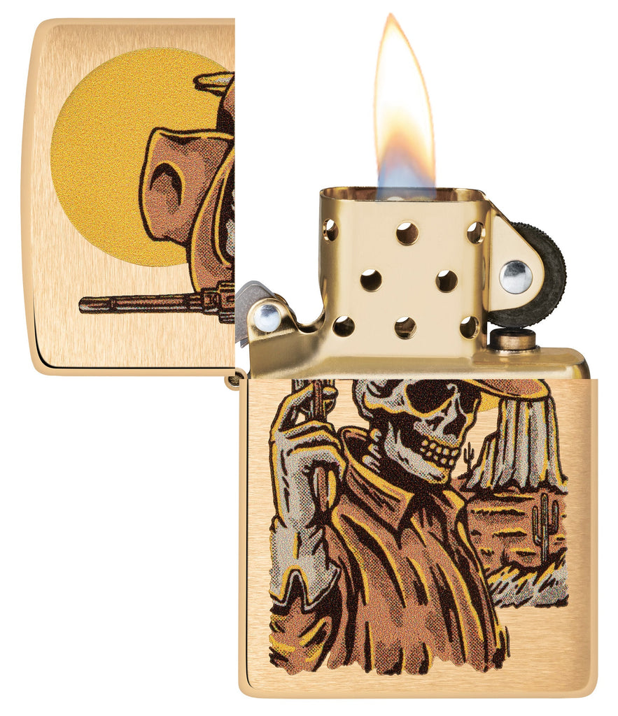 Zippo Wild West Skeleton Design Brushed Brass Windproof Lighter with its lid open and lit.