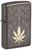Front shot of Cannabis Design Laser Two Tone Black Ice Windproof Lighter standing at a 3/4 angle.