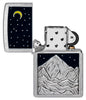 Zippo Mountain Emblem Street Chrome Windproof Lighter with its lid open and unlit.