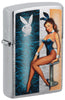 Front shot of Playboy Playmate Brushed Chrome Windproof Lighter standing at a 3/4 angle.