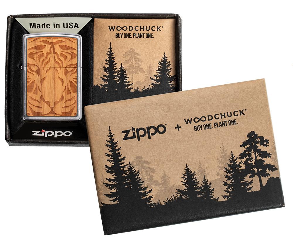 WOODCHUCK USA Cherry Tiger Head Emblem Windproof Lighter in its packaging.