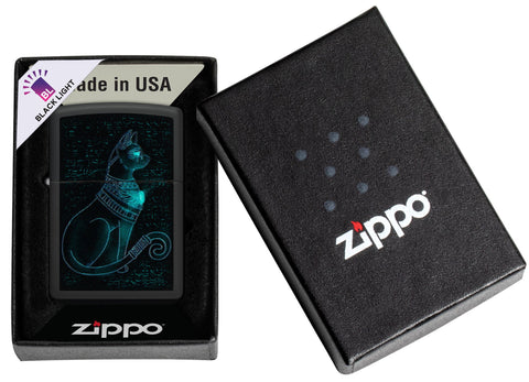 Zippo Black Light Spiritual Cat Design Black Matte Windproof Lighter in its packaging.