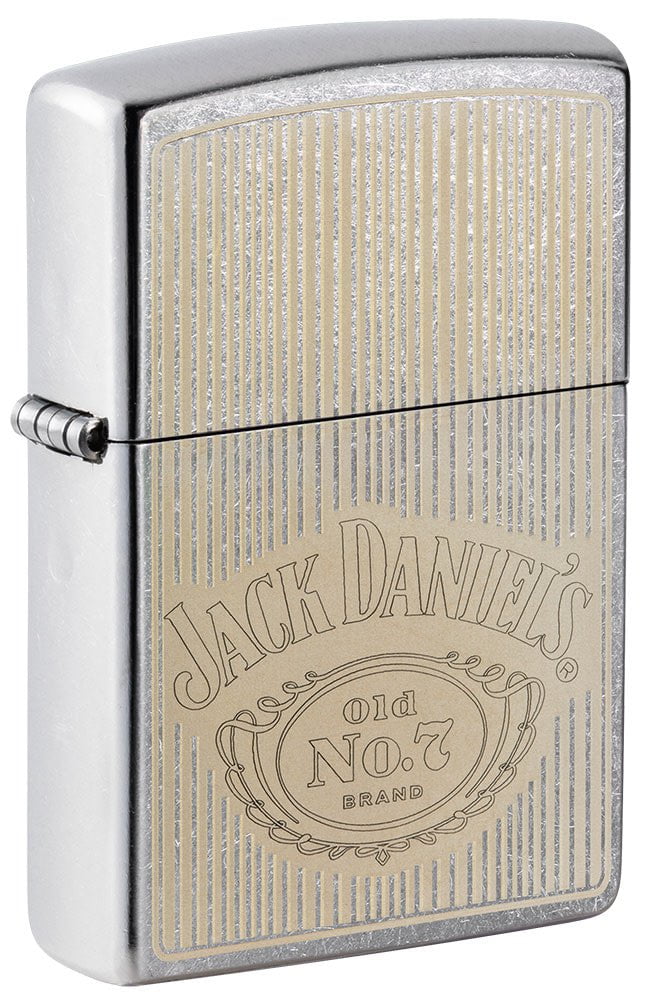 Front shot of Jack Daniel'sÂ® Logo Street Chromeâ„¢ Windproof Lighter standing at a 3/4 angle.