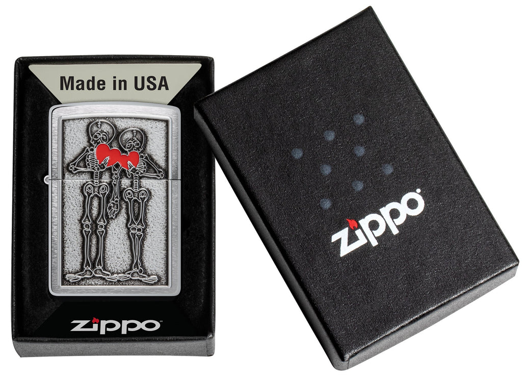 Zippo Couple Love Emblem Brushed Chrome Windproof Lighter in its packaging.