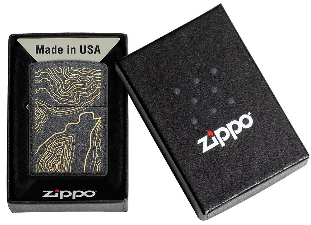 Topo Map Design Iron Stone Windproof Lighter in its packaging