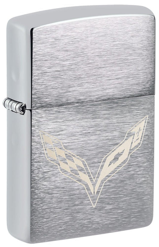 Front shot of ChevroletÂ® Corvette Logo Brushed Chrome Windproof Lighter standing at a 3/4 angle.