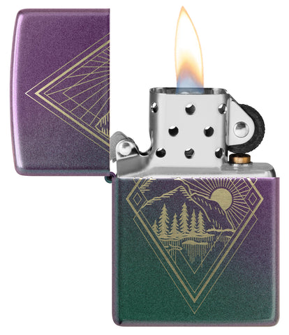 Geometric Outdoor Design Iridescent Windproof Lighter with its lid open and lit.