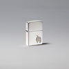 Lifestyle image of Armor® Sterling Silver Flame Emblem Windproof Lighter standing in a silver scene.