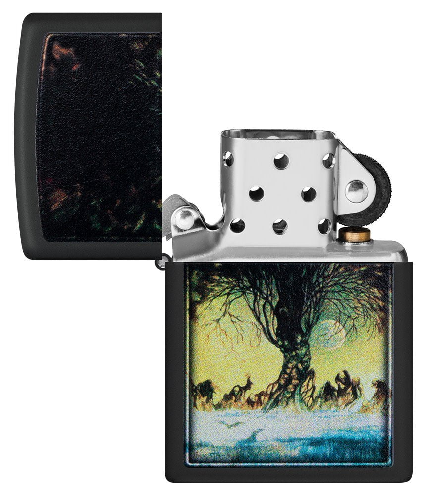 Frank Frazetta Tree Design Black Matte Windproof Lighter with its lid open and unlit.