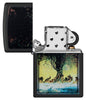 Frank Frazetta Tree Design Black Matte Windproof Lighter with its lid open and unlit.