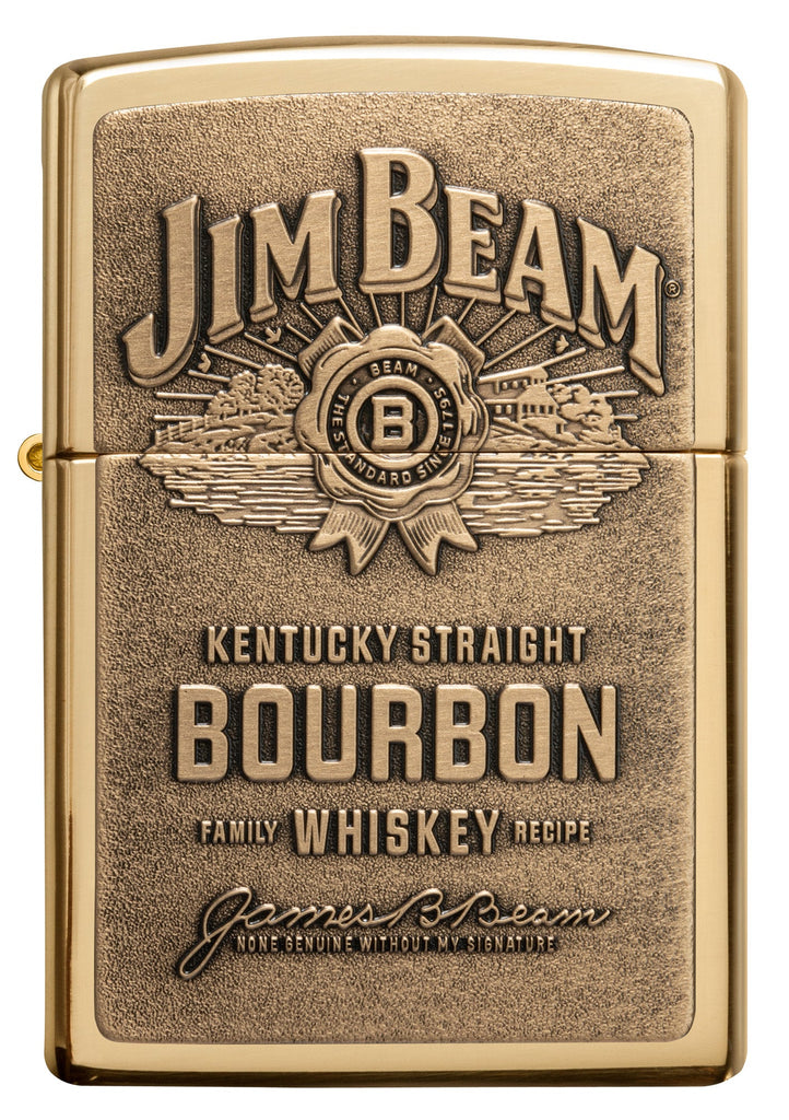 Jim Beam Bronze Bourbon Whiskey Emblem High Polish Brass Windproof Lighter Front View.