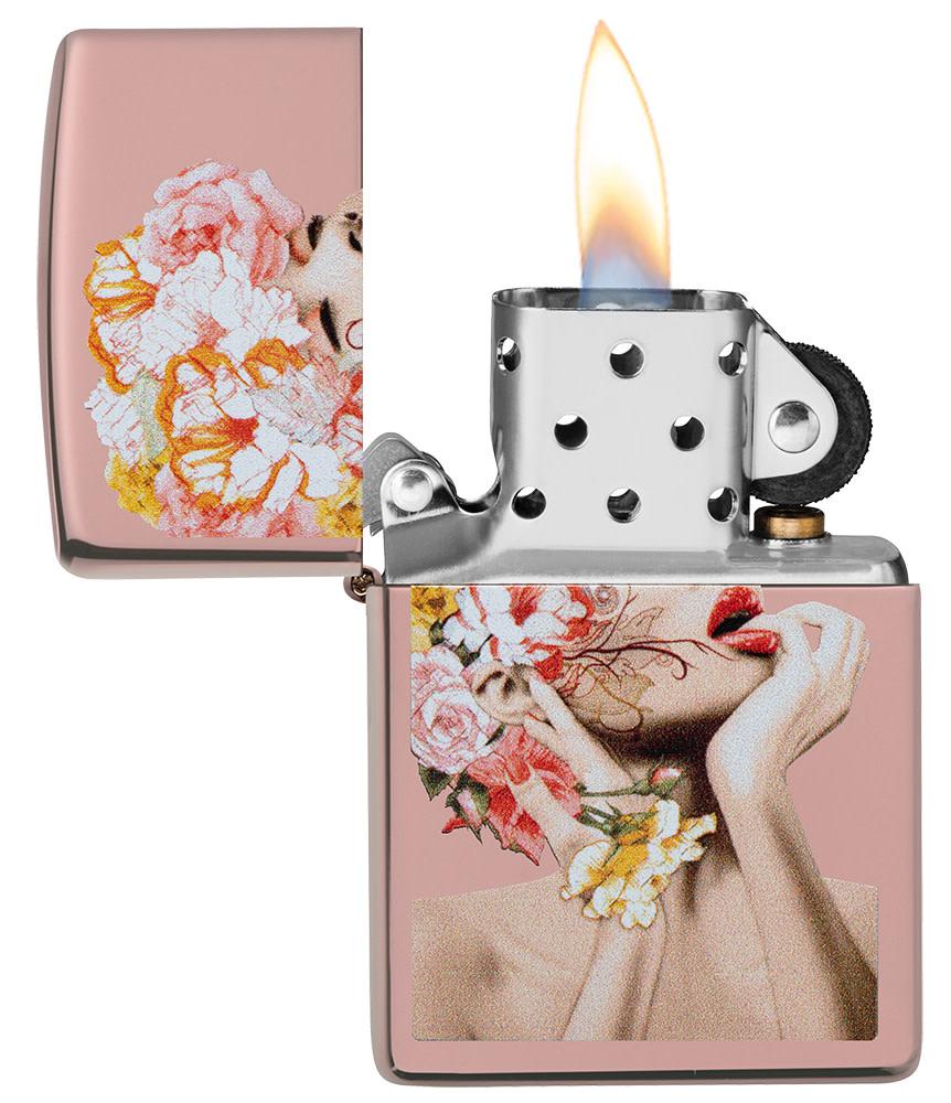 Floral Woman Design Rose Gold Windproof Lighter with its lid open and lit