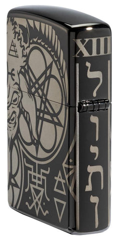 Occult Design High Polish Black Windproof Lighter standing at an angle, showing the back and hinge side of the lighter.