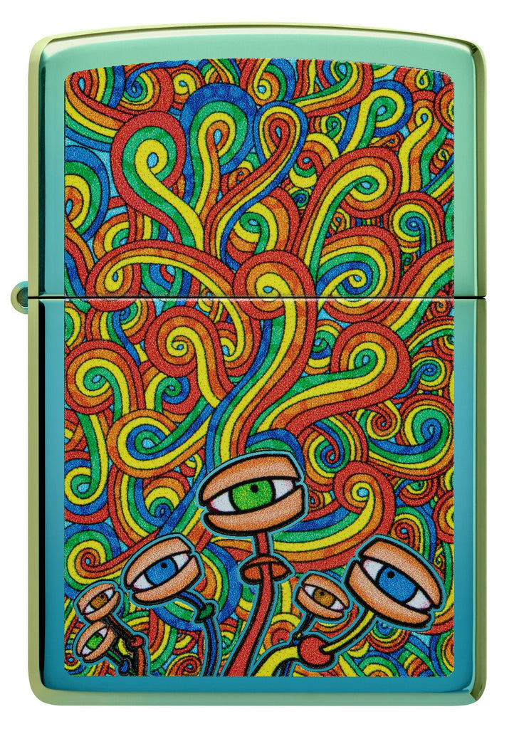 Front view of Psychedelic Imagery Design High Polish Teal Windproof Lighter.