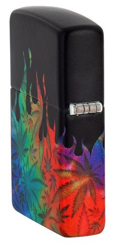 Angled shot of Leaf Flame Multi Color Design 540 Color Windproof Lighter, showing the back and hinge side of the lighter
